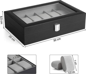 Cutie pentru ceasuri Songmics, MDF/piele PU/sticla, negru/gri, 30 x 20 x 8,5 cm, Resigilat, Grad A - Img 2