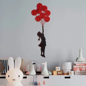 Decor de perete model fetita cu baloane, metal/muschi 100x34 cm, grosime 1.5mm, lucrat manual, rosu/negru - Verificat A · Re-Bloom - Img 3