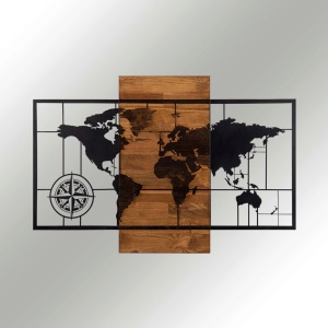 Decor de perete World Map With Compass, lemn/metal, 85x58 cm, negru/maro - Verificat A · Re-Bloom - Img 4