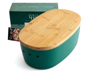Dolce Mare cutie paine polipropilena alimentara, 38.1x25.4x15.2 cm, capac bambus cu tocator, gauri ventilatie, verde/natur - Verificat A · Re-Bloom