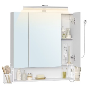 Dopota dulap baie LED 70x75x17 cm, 3 usi oglinda, MDF lacuit, cadru fier electrostatic, 1 raft, alb - Verificat A · Re-Bloom