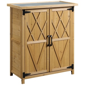 Dulap de gradina pentru unelte, lemn de molid/tabla zincata, 75x40x90 cm, 2 usi 31x76cm, 4 rafturi 34x30x20.5cm, compartiment stang 30x30x77cm, capacitate 10kg/raft, natural - Verificat A · Re-Bloom
