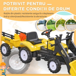 Excavator cu pedale pentru copii, metal/plastic, 167x41x52 cm, cupa frontala rotativa, remorca detasabila, 6 roti, capacitate 35kg, varsta 3+ ani, galben - Verificat A · Re-Bloom - Img 4