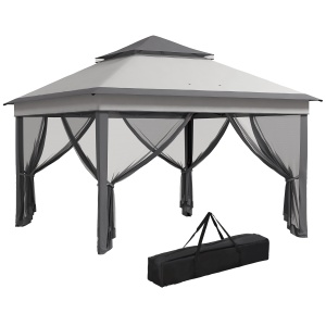 Foisor cu plase reglabil 3 niveluri Re-Bloom, otel/Oxford/plasa, 326x326x272 cm, stresina 177 cm, pereti plasa 294x198 cm, 4 franghii+8 tarusi+geanta incluse, gri deschis/gri inchis - Verificat A · Re-Bloom
