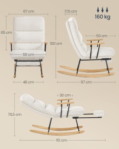 Fotoliu balansoar Songmics, otel/lemn masiv/textil, crem/negru/natur, 97 x 48 x 100 cm, Resigilat, Grad A - Img 4