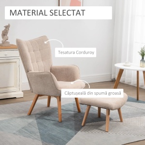 Fotoliu cu taburet Re-Bloom, catifea poliester/fag/spuma, fotoliu 72x80x101 cm + taburet 65x43x38 cm, spatar inalt, model crestat, 150/80 kg, bej/natur - Verificat A · Re-Bloom - Img 6