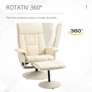 Fotoliu rabatabil rotitor cu taburet, piele PU, suport picioare, otel, Alb Crem - Verificat A · Re-Bloom - Img 5