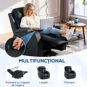Fotoliu reclinabil cu masaj si incalzire, piele PU, 8 puncte masaj, Negru - Verificat A · Re-Bloom - Img 5