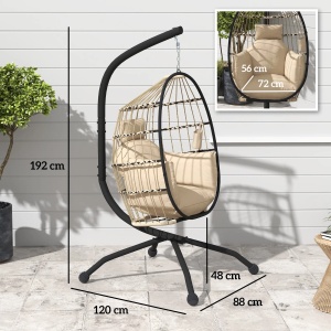 Fotoliu suspendat tip ou pliabil, otel/franghe PP/poliester/bumbac, 120x88x192 cm, cos 76x63x106 cm, 2 perne detasabile, suport pahar, lant reglabil, baza X otel, capacitate 120kg, interior/exterior, bej - Verificat A · Re-Bloom - Img 3