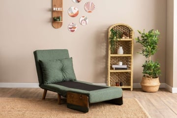 Futon fotoliu extensibil 77x70x82 cm, pat 190x70 cm, spatar 14 pozitii, tapiterie poliester, cadru metal, brate lemn, verde - Verificat A · Re-Bloom - Img 4