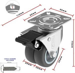 GBL set 4 roti duble pivotante 360°, TPR cauciuc termoplastic, Ø50mm, inaltime 70mm, 400kg, sistem franare, placa montare 70x50mm, gri - Verificat A · Re-Bloom - Img 3