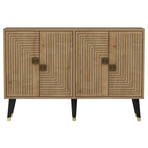 Hanah Home comoda living 120x80x50 cm, PAL 18mm, usi cu model geometric, picioare metal, stejar safir si auriu - Verificat A · Re-Bloom