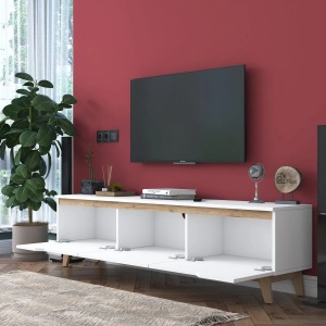 Hanah Home comoda TV, PAL melaminat 18mm, 180x35x48.6 cm, montare perete, alb/nuc - Verificat A · Re-Bloom - Img 5