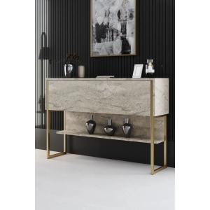 Hanah Home masa consola, PAL melaminat/picioare metal, 120x30x80 cm, grosime 18mm, picioare profil 20x20mm, travertin/auriu - Verificat A · Re-Bloom - Img 2