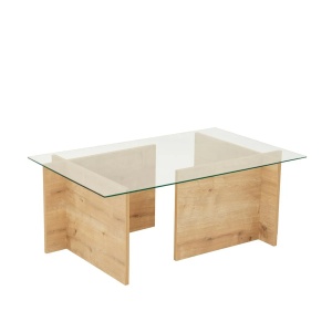 Hanah Home masa de cafea, sticla temperata/ lemn masiv, 105 x 65 x 40 cm, stejar safir - Verificat A · Re-Bloom