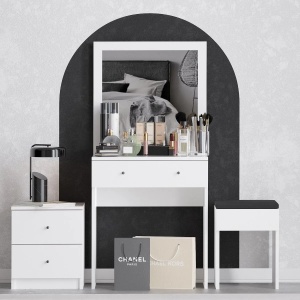 Hanah Home masa de machiaj 65x35x139 cm, PAL 18mm, oglinda inclusa, scaun inclus, fixabil perete, alb - Verificat A · Re-Bloom - Img 5