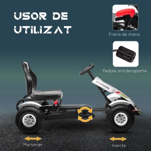 Kart cu pedale pentru copii, PP/metal, 121x58x61 cm, scaun reglabil 35x28x30.5cm, roti cauciuc Φ26cm, capacitate 50kg, certificat EN71, varsta 3+/recomandat 5-12 ani, alb/negru - Verificat A · Re-Bloom - Img 5