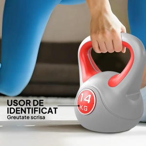 Kettlebell 14 kg, bila Ø18 cm, maner lat neted PU, baza plana anti-alunecare, umplutura nisip, gri/rosu - Verificat A · Re-Bloom - Img 4