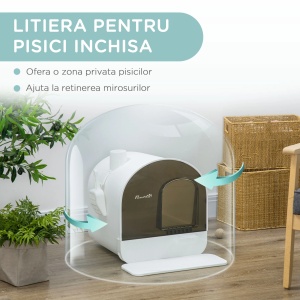 Litiera pentru pisici, cu filtru, lopatica si tava detasabila, polipropilena, alb/negru, 43 x 44 x 47 cm, Resigilat, Grad A - Img 2