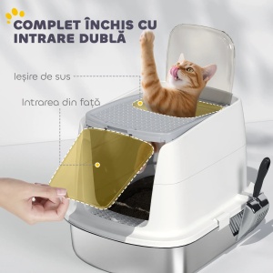 Litiera pentru pisici Re-Bloom, cu 2 intrari, lopatica si deodorant, inox/ABS/polipropilena, alb/argintiu, 52,4 x 41,3 x 39,8 cm, Resigilat, Grad A - Img 4