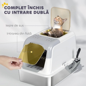 Litiera pisici 2 intrari 60.4x40.4x41.8 cm, tava inox 201, intrare frontala + iesire superioara, zona captare nisip, alb/gri - Verificat A · Re-Bloom - Img 4