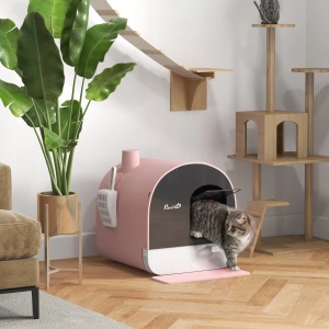 Litiera pisici inchisa cu filtre, lopatica, tavita detasabila, mat nisip, PP, 43x44x47cm, Roz/Gri - Verificat A · Re-Bloom - Img 2