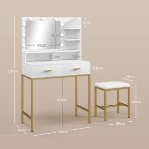 Masuta de machiaj cu oglinda LED si scaun Re-Bloom, MDF/PAL/sticla, alb/natur, 80 x 40 x 138 cm, Resigilat, Grad A - Img 2