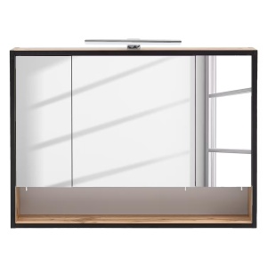 Max dulap baie oglinda LED, 80x66x16 cm, 3 usi oglinda, 3 rafturi sticla, PAL stejar country/negru, manere argintii - Verificat A · Re-Bloom - Img 3