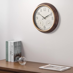 Navaris ceas de perete cu termometru si higrometru, lemn, Ø38cm, interior/exterior, Maro - Verificat A · Re-Bloom - Img 3
