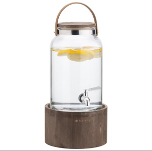 Navaris dozator bauturi 5.6L, suport lemn, robinet inox, maner piele, Transparent/Maro - Verificat A · Re-Bloom