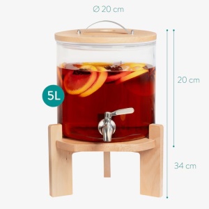 Navaris dozator bauturi sticla borosilicata cu stand lemn fag, 5L, Ø20x20cm, inaltime totala 34cm, 2.5kg, robinet inox/silicon, capac lemn/inox, compatibil masina spalat vase, maro - Verificat A · Re-Bloom - Img 4
