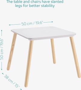 Navaris set masa + 2 scaune copii, MDF/lemn pin, masa 50x50x38cm + scaune 27x27x48cm, 15kg, capacitate 50kg, varsta 3+ ani - Verificat A · Re-Bloom - Img 4