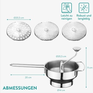 Navaris storcator alimente inox, bol Ø20.5cm, 3 site interschimbabile 3/5/8mm, pentru piure/supe/sosuri, argintiu - Verificat A · Re-Bloom - Img 4