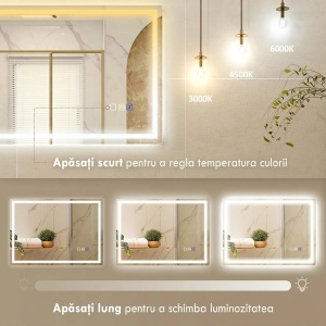 Oglinda baie anti-aburire cu LED reglabil, difuzor Bluetooth, butoane tactile, IP44, sticla securizata, 70x50cm, Argintiu - Verificat A · Re-Bloom - Img 4