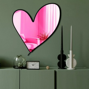 Oglinda decorativa Re-Bloom, model inima, plexiglas/EVA, negru/roz, 43 x 48 cm