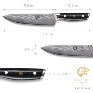 Orient Origin Series cutit profesional bucatar Damasc, otel japonez AUS-10 61HRC, 20cm, 67 straturi otel Damasc, unghi 7-13°, maner ergonomic, negru - Verificat A · Re-Bloom - Img 2