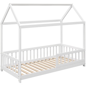 Pat Montessori casuta pentru copii Re-Bloom, lemn de pin, 96x195x165 cm, 15 sipci, bariere protectie 44 cm, saltea 90x190 cm, 120 kg, alb - Verificat A · Re-Bloom
