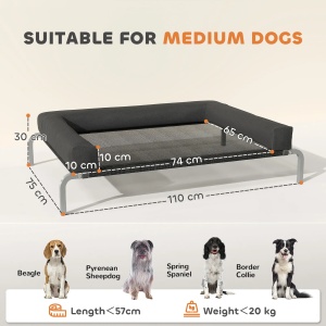 Pat ridicat pentru caini cu perna U, Oxford/Textiline/bumbac PP/otel, 110x75x30 cm, suprafata 94x75cm, inaltime picioare 19.5cm, perna 10cm, negru/argintiu - Verificat A · Re-Bloom - Img 3