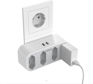 Priza europeana de perete Tessan, cu 4 prize plate si 2 porturi USB, ABS, alb, 12,3 x 5,5 x 7,8 cm