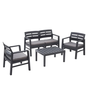 Progarden set mobilier gradina Java 4 piese, polipropilena, canapea 2L 121x58x74 cm + 2 scaune 63x58x74 cm + masa 74x55x38 cm, perne incluse, antracit - Verificat A · Re-Bloom
