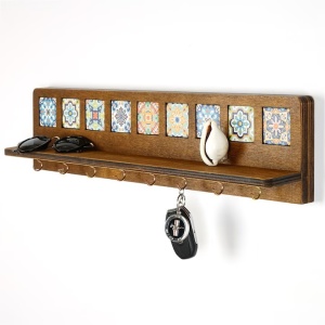 Raft de perete pentru depozitarea cheilor Re-Bloom, lemn, maro inchis, 60 x 14 x 8 cm - Img 2