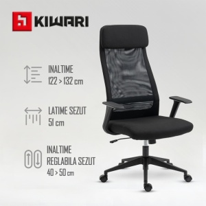 Scaun birou Kiwari® Nur, cadru metalic, suport lombar, brate fixe, mecanism fluture, lift gaz si roti nylon, suprafata textil/plasa, Negru, Resigilat, Grad A - Img 3