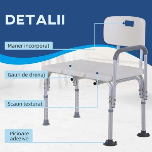 Scaun dus varstnici/dizabilitati, reglabil 6 nivele, 74x53x80-92 cm, aluminiu/PE, brate, spatar, alb/argintiu - Verificat A · Re-Bloom - Img 5