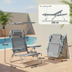 Scaun plaja pliabil reclinabil, copertina reglabila detasabila, tetiera, aluminiu, 62x68x79cm, Gri - Verificat A · Re-Bloom - Img 3