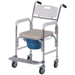 Scaun WC cu Rotile Re-Bloom, pentru varstnici/persoane cu dizabilitati, aluminiu/HDPE/PP/piele ecologica, albastru/alb/argintiu, 84 x 54 x 96 cm, Resigilat, Grad A