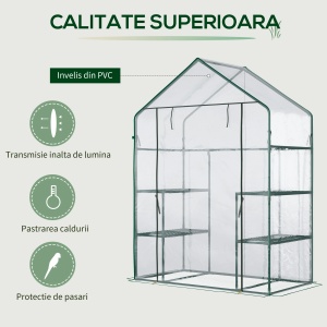Sera impermeabila anti-UV 142x73x195 cm, rafturi ghivece 10 kg, usa rulou fermoar, cadru otel pulbere, verde/transparent - Verificat A · Re-Bloom - Img 4