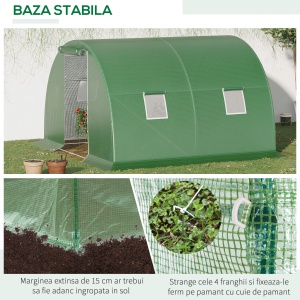 Sera tunel de gradina Re-Bloom, otel galvanizat/PE, 300x300x200 cm, usa 100x180 cm cu incuietoare, 4 ferestre 38x38 cm, anti-vant nivel 3, verde - Verificat A · Re-Bloom - Img 6