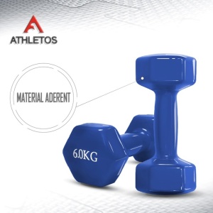 Set 2 gantere Athletos®, 2 x 6 kg, interior fonta, acoperire vinil, forma hexagonala, pentru antrenament cu greutati si fitness, Albastru, Resigilat, Grad A - Img 2