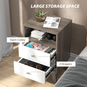Set 2 noptiere dormitor 40x34x64 cm, 2 sertare + compartiment, sina metalica, MDF, gri/alb/auriu - Verificat A · Re-Bloom - Img 4