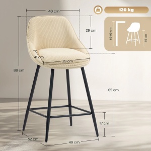 Set 2 scaune de bar cu spatar, poliester/placaj/otel, bej/negru, 49 x 52 x 88 cm, Resigilat, Grad A - Img 3